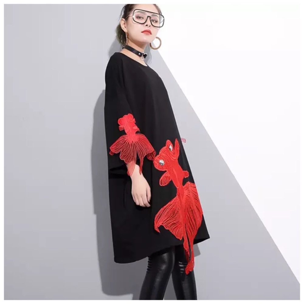Black Bold Fish Appliqué Tunic Dress - Picture 3 of 7